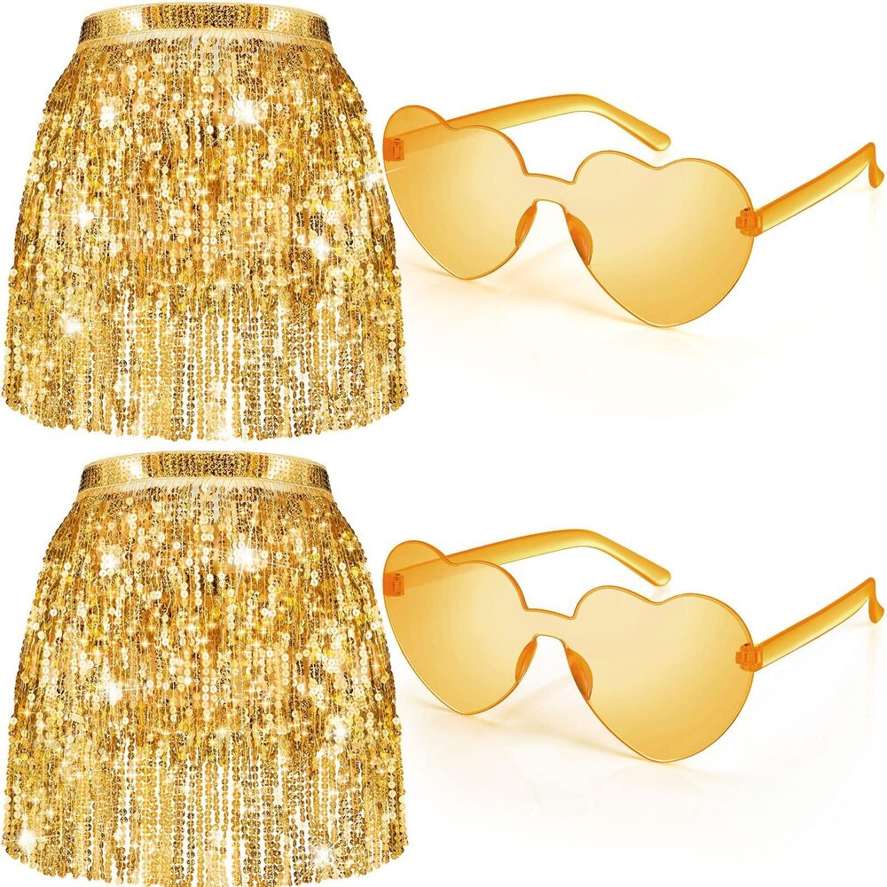 4116 2 Pcs Halloween Gold Belly Dance Sequin Skirts and 2 Pair Heart Shape